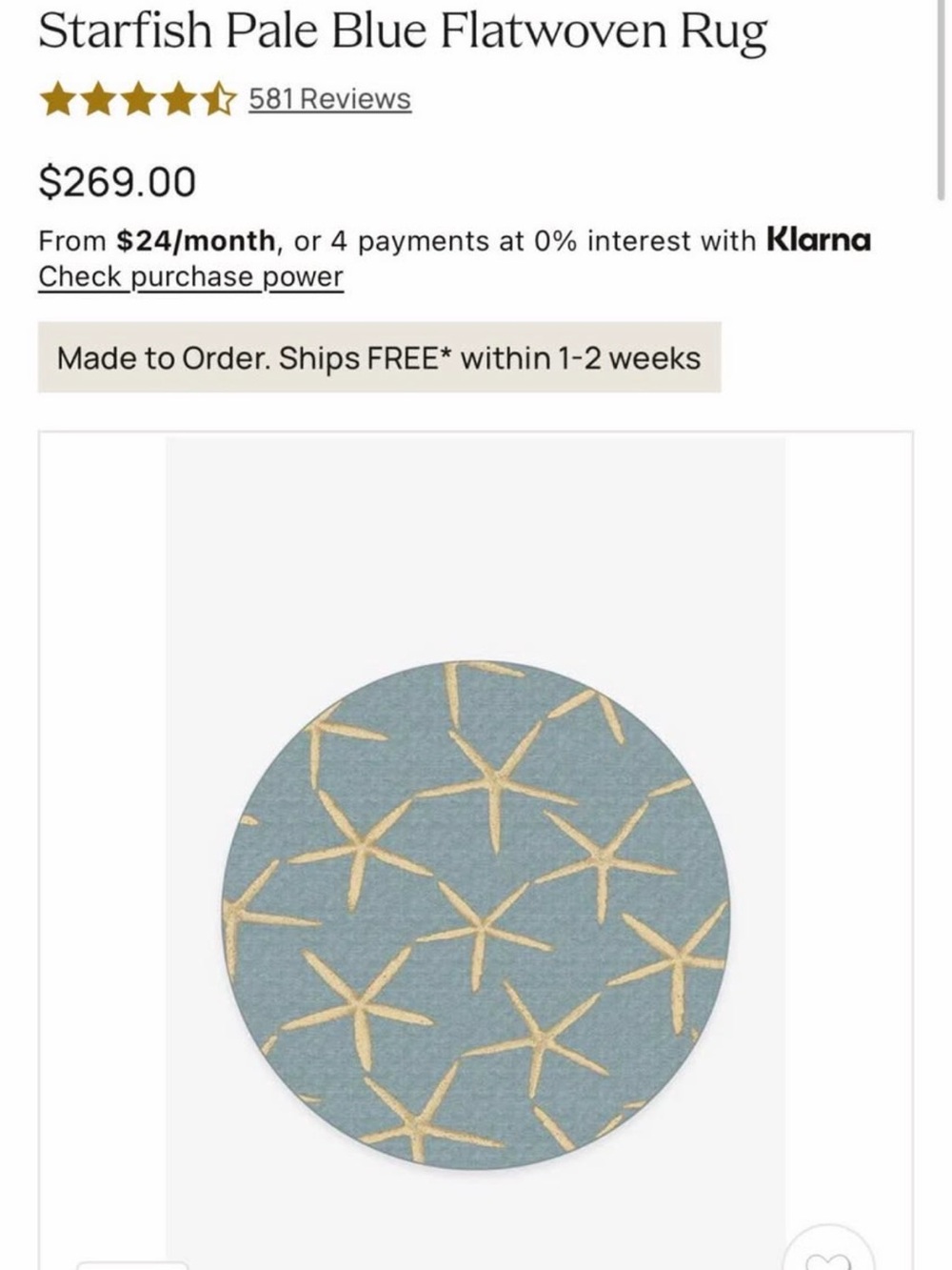 Ruggable Pale Blue Starfish Round Rug & Runner -Gold Starfish Pattern